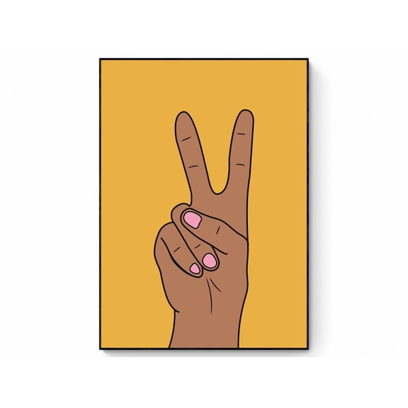 Peace Sign Hand Illustration Retro Wall Art Yellow Decor, Stretched Canvas Size 12x18