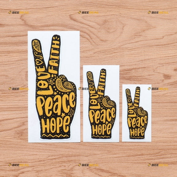 Peace Sign Hand Yellow Love Hope Faith Patterns Vinyl Decal Sticker - 3 Pack Glossy, 3 Inches, 4 Inches, 6 Inches - for Car Boat Laptop Cup Phone