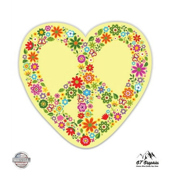 Peace Sign Heart Flowers - 12" Vinyl Sticker Waterproof Decal