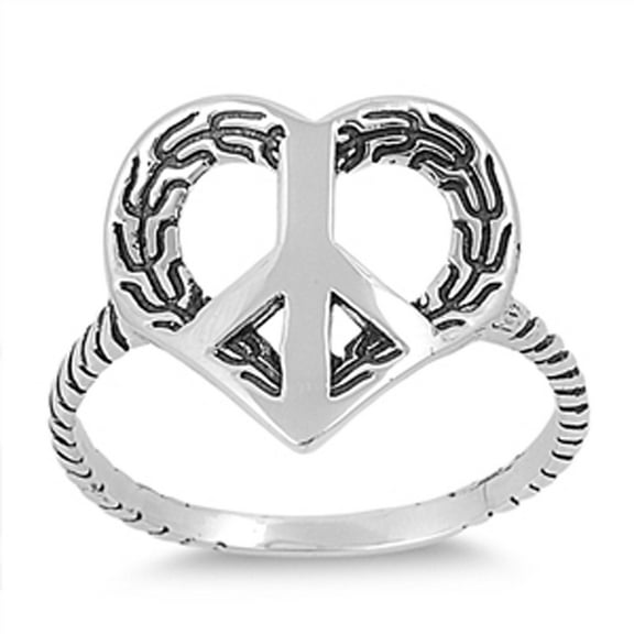 Peace Sign Heart Promise Hippie Ring .925 Sterling Silver Band Jewelry Female Male Unisex Size 5