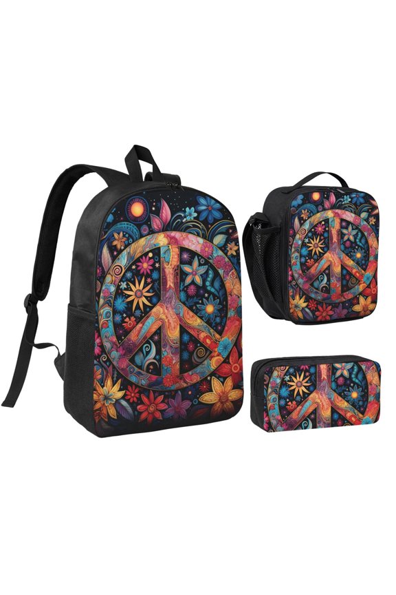 Peace Sign Hippy Art 17-inch Laptop Backpack 3-Piece Set with Insulated Lunch Bag and Accessory Pouch, Rucksack for Teens Adults