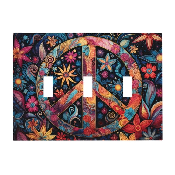 Peace Sign Hippy Art 3-Gang Wall Plate Modern Decorative Triple Toggle Switch Cover for Home & Commercial Use
