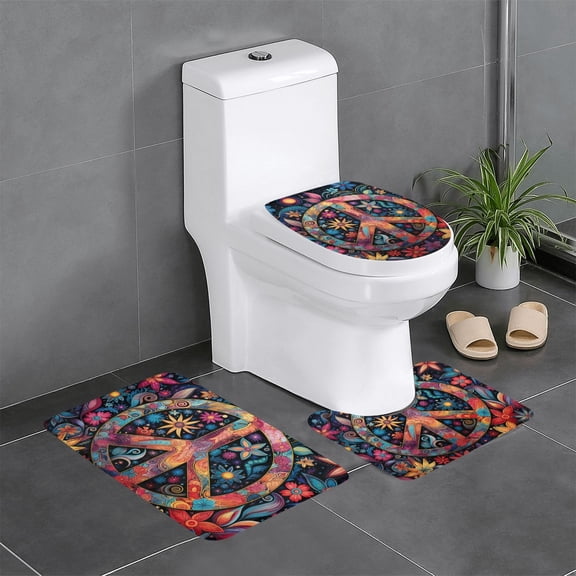 Peace Sign Hippy Art 3-Piece Bathroom Rug Set Non-Slip Flannel Bath Mat 24"x16" U-Shaped Contour Mat Toilet Lid Cover