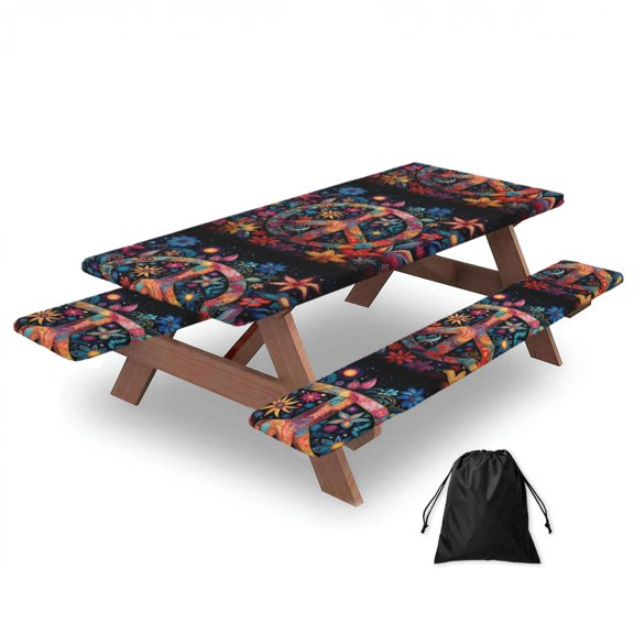 Peace Sign Hippy Art 3-Piece Fitted Picnic Table and Bench Cover Set, 72" Outdoor Tablecloth with Elastic Edges & Storage Bag