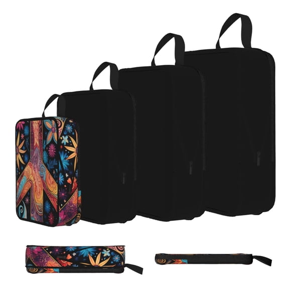 Peace Sign Hippy Art 4-Set Compression Packing Cubes, Expandable Travel Organizer Bags, Luggage Packing Organizers, S M L XL