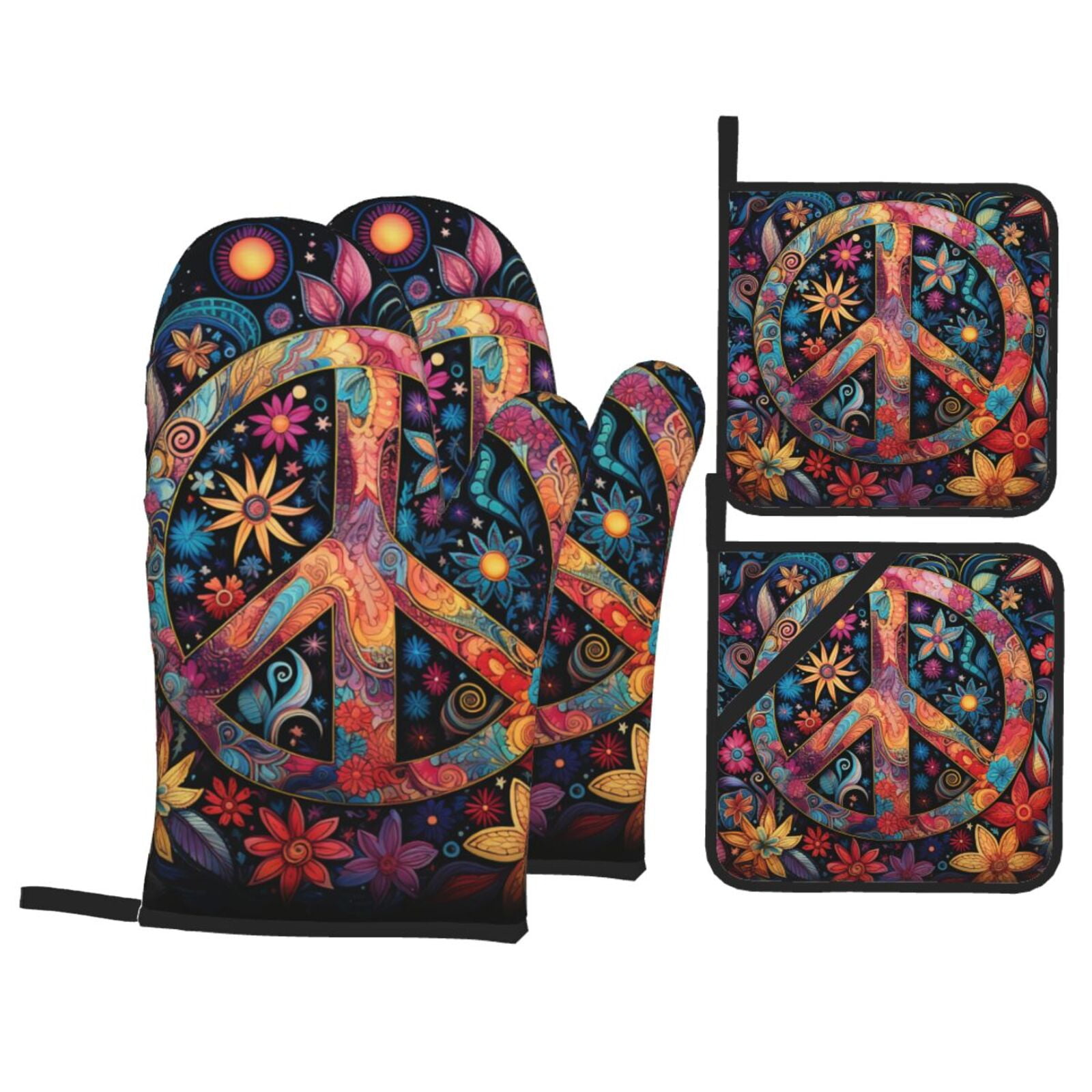 Peace Sign Hippy Art 4Pcs Oven Mitts and Pot Holders Sets Oven Kitchen Gloves Hot Pads for Cooking BBQ Baking Grilling