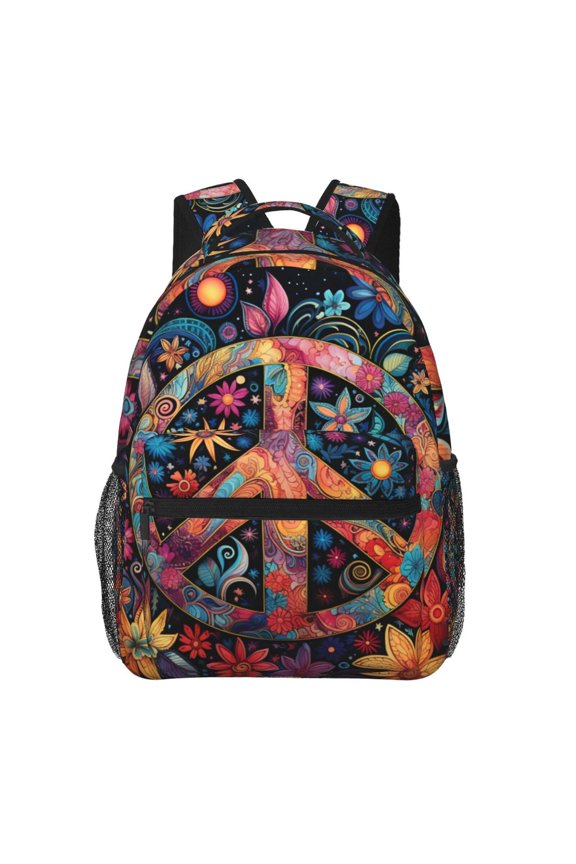 Peace Sign Hippy Art Backpack Casual College Bag Zipper Laptop Daypack Hiking Rucksack Travel