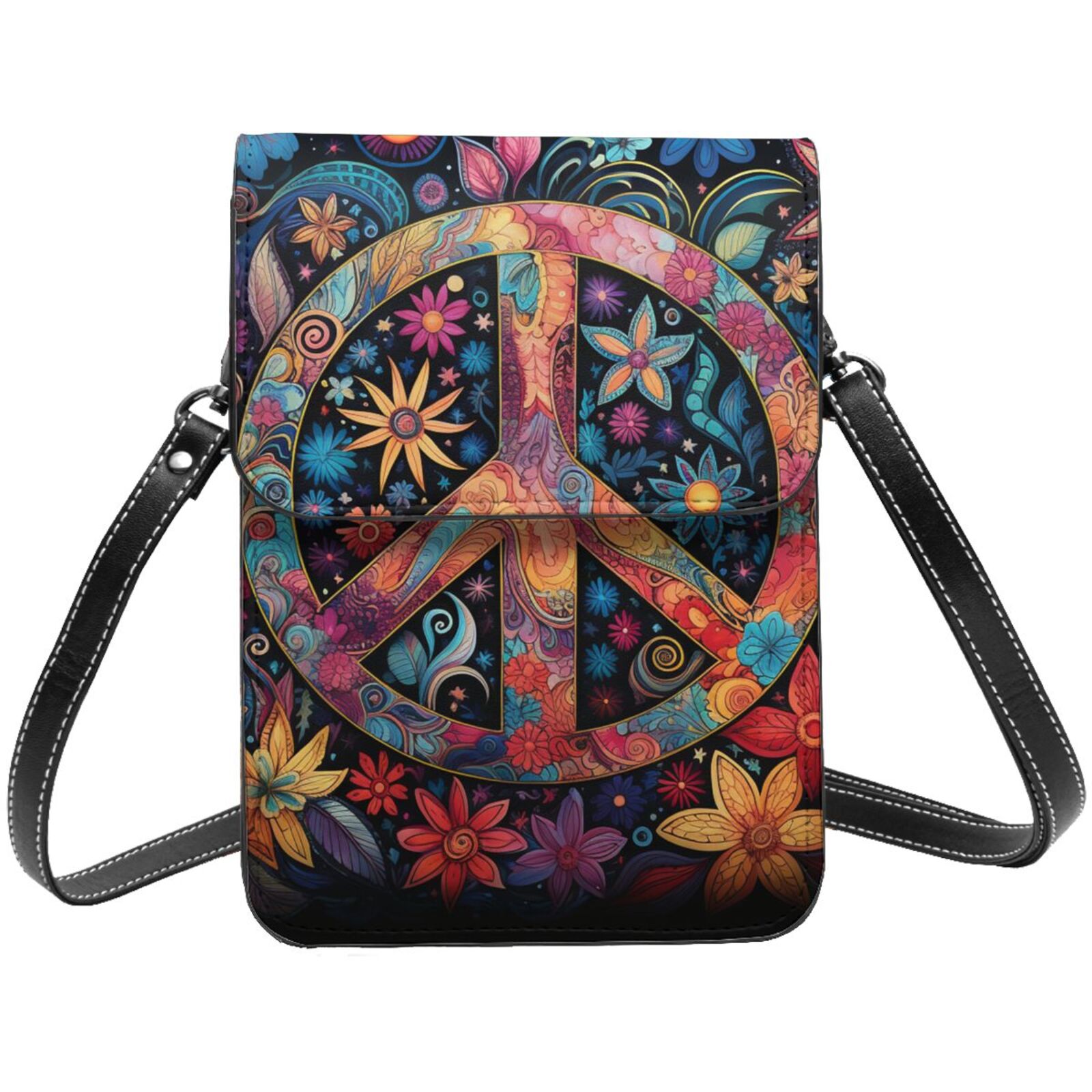 Peace Sign Hippy Art Cell Phone Purse Small Crossbody Bag with 