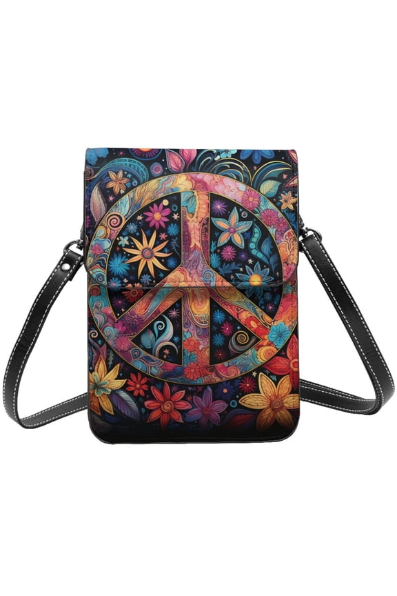 Peace Sign Hippy Art Cell Phone Purse Small Crossbody Bag with Strap Credit Card Slots Leather Shoulder Wallet for Women