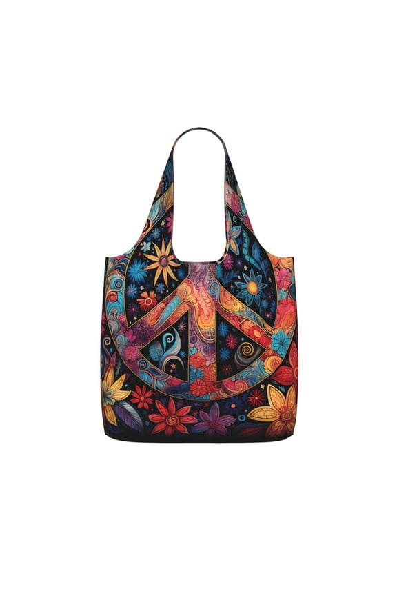 Peace Sign Hippy Art Foldable Reusable Shopping Bag Large Capacity Tote Handbag Storage Pouch for Travel Work