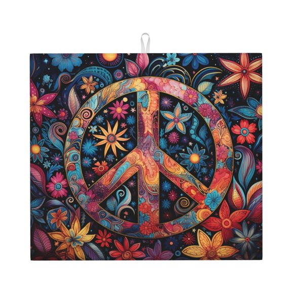 Peace Sign Hippy Art Kitchen Drying Mat 18x16 Inch Ultra Absorbent Countertop Mat Foldable with Hanging Loop