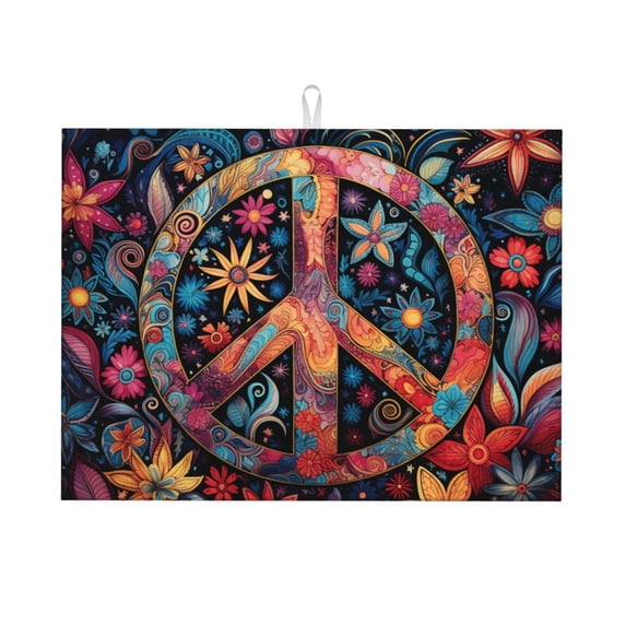 Peace Sign Hippy Art Large Kitchen Drying Mat 18x24 Inch Ultra Absorbent Dish Drying Mats Foldable Countertop Protector