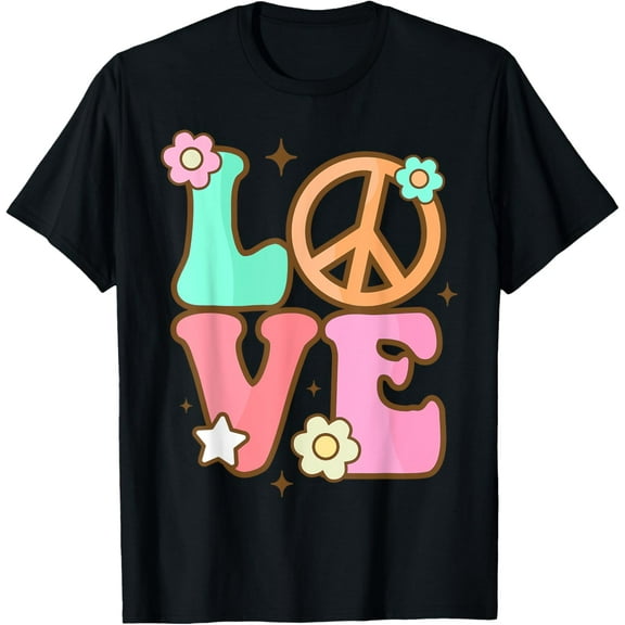 Peace Sign Love 60s 70s Costume Groovy Hippie Theme Party T-ShirtMen and women, Black T-shirt, size: Extra large