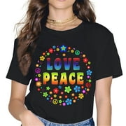 STRAVEL Peace Sign Love T Shirt 70s Hippie Costume Women Tops T-Shirt Graphics Shirt Casual Short Sleeve Crew Neck Shirts Gift Tee Black XX-Large