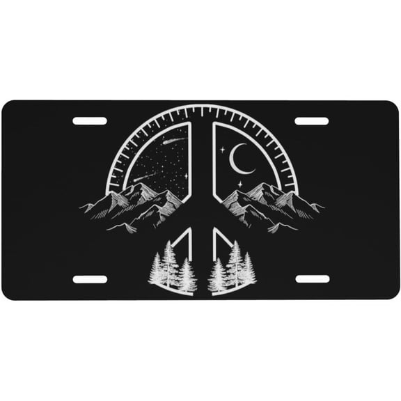 Peace Sign Mountain Moon Stars Meteor Aluminum License Plate 6 x 12 Inch Metal Car Front License Plate Cover Car Decor Accessory Novelty Vanity Decoration Tag with 4 Holes Gift for Men Women