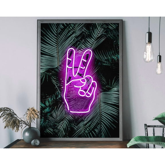Peace Sign Neon Art Print, Peace And Love, Inspirational Wall Art, Peace Symbol, Peace Fingers Poster Wall Art, Modern Wall Decor, 12x18 UNFRAMED