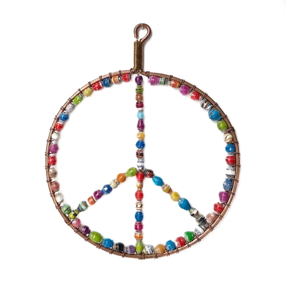 Peace Sign Ornament - Multicolor Recycled Paper Beads, Sustainable, Fair Trade from Uganda, East Africa