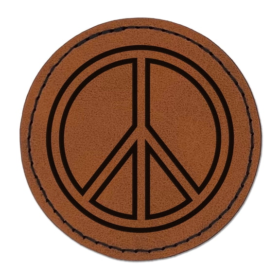 Peace Sign Outline 2.5" Faux Leather Round Engraved Iron-On Patch - Brown