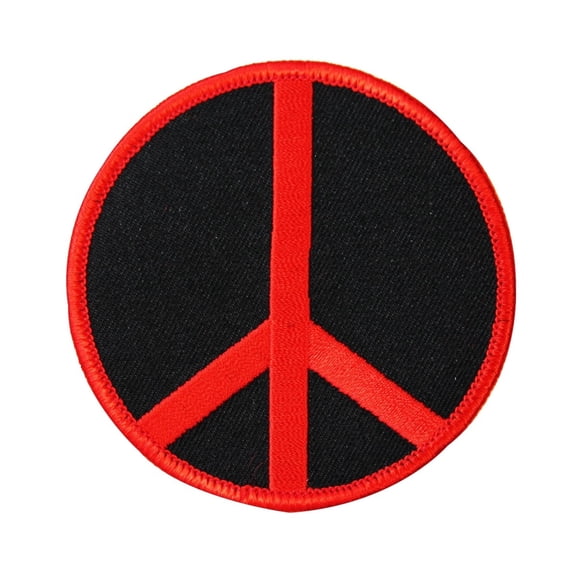 Peace Sign Red on Black Patch Hippie Symbol Love Embroidered Iron On Applique