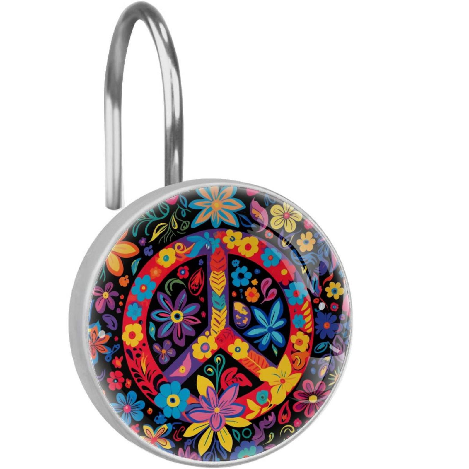 Peace Sign Shower Curtain Hooks （Set of 12） for Home Hotel Shower Rods Bathroom Crystal Glass Print Stainless Steel Round Curtain Hooks