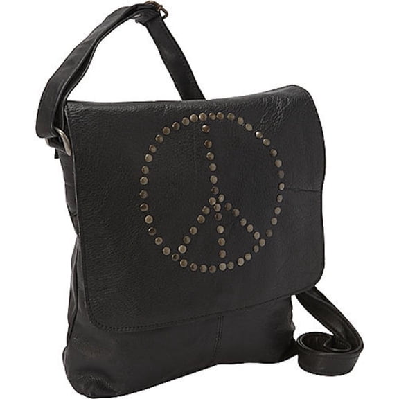 SHARO Peace Sign Soft Leather Messenger and Shoulder Bag in Black with Genuine Brass Studs