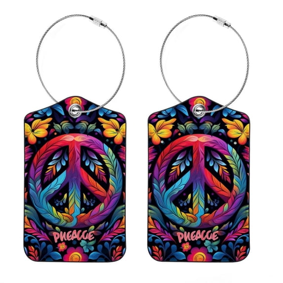 Peace Sign Square PU Leather 2 Pack Travel Tag - Bag Tag - Suitcase Tag with Privacy Cover and Stainless Steel Ring - Suitable for Travel, Backpack, and Handbag