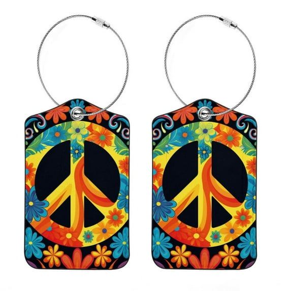 Peace Sign Square PU Leather Luggage Tags, 2 Pack, with Privacy Cover and Stainless Steel Ring - Suitable for Travel, Backpack, Handbag - Bag Tags, Handbag Tags