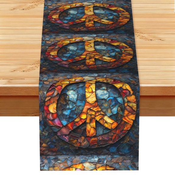 Peace Sign Stained Glass Art Table Runner 13x72 Inch for Dining Table Kitchen Wedding Party Decor Fireplace Mantle