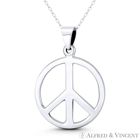 Peace Sign Symbol Cutout Hippie Charm 40x28mm (1.6x1.1in) Pendant & Chain Necklace in .925 Sterling Silver