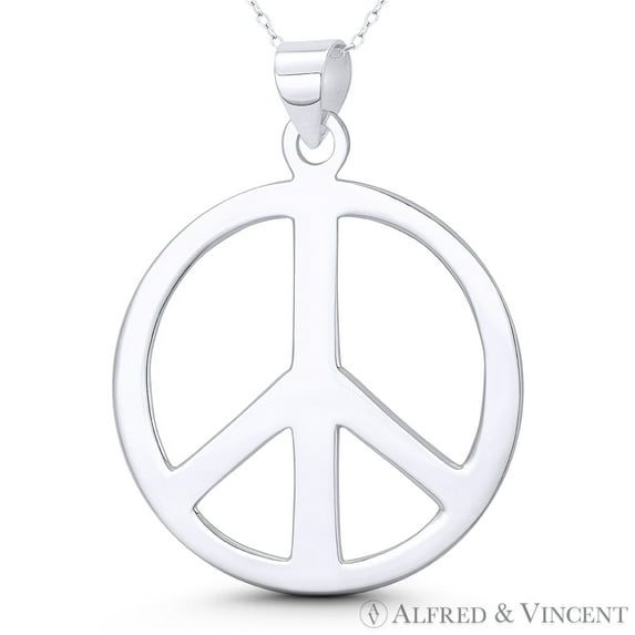 Peace Sign Symbol Cutout Hippie Charm 55x41mm (2.2x1.6in) Pendant & Chain Necklace in .925 Sterling Silver