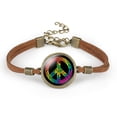 thumbnail image 1 of Unisex Leather Bracelet with Peace Sign Retro Geometry Pattern and Glass Crystal Inlay Individually Packed Distressed, 1 of 3