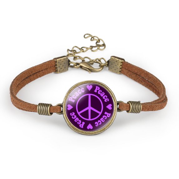 Unisex Leather Bracelet with Peace Sign Retro Geometry Pattern and Glass Crystal Inlay Individually Packed Distressed