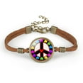 thumbnail image 1 of Unisex Leather Bracelet with Peace Sign Retro Geometry Pattern and Glass Crystal Inlay Individually Packed Distressed, 1 of 3