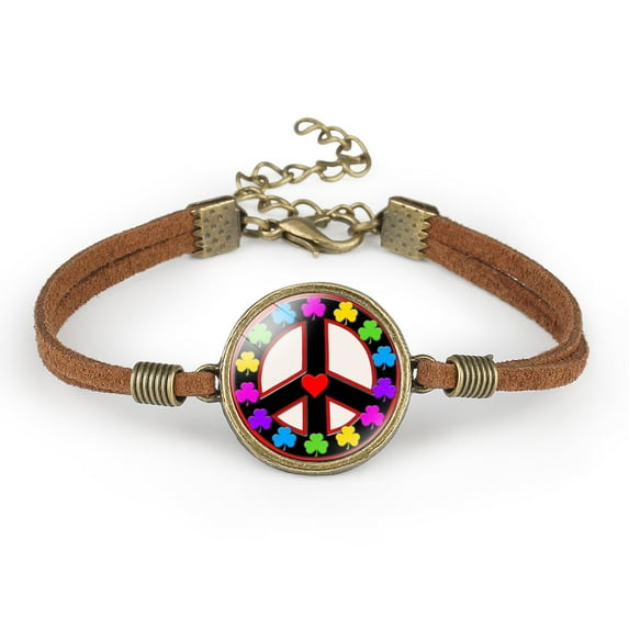 Unisex Leather Bracelet with Peace Sign Retro Geometry Pattern and Glass Crystal Inlay Individually Packed Distressed