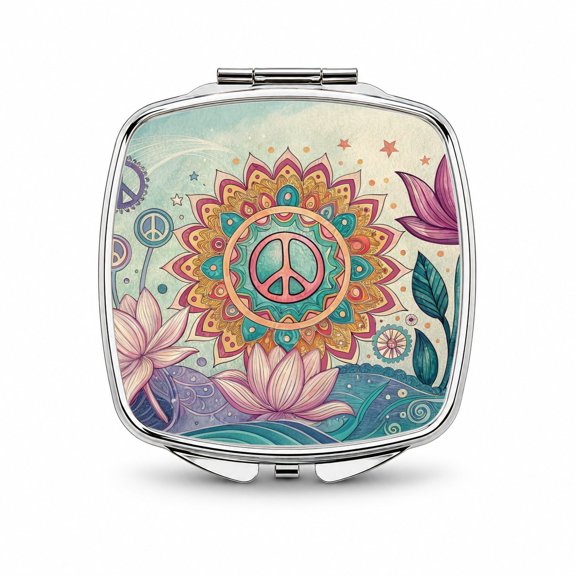Peace Sign Symbols Mandala Flower Travel Makeup Handbag Purse Small Pocket Compact Mirror