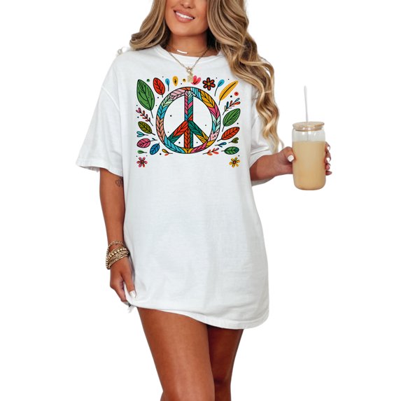 Peace Sign T-Shirt, Boho Floral Design Tee, Colorful Graphic Peace Symbol Shirt, Positive Vibes Top, Casual Bohemian Apparel, White Comfort Colors T-Shirt, Small