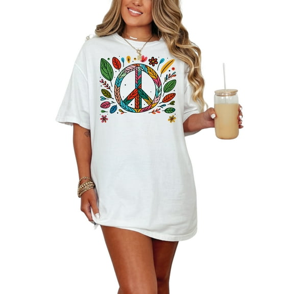 Peace Sign T-Shirt, Boho Floral Design Tee, Colorful Graphic Peace Symbol Shirt, Positive Vibes Top, Casual Bohemian Apparel, White Comfort Colors T-Shirt, XL