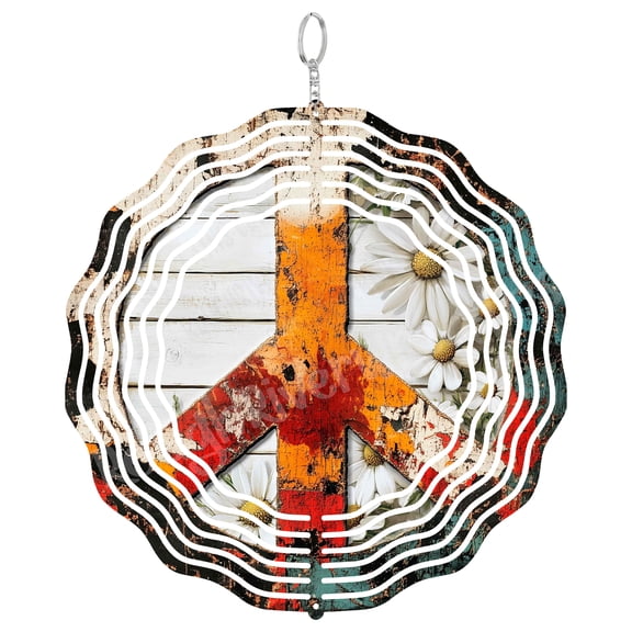 Peace Sign Wind Spinner Metal Outdoor Decor Distressed Rustic Multicolor