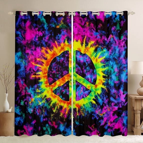 Peace Sign Window Curtain,Colorful Tie-dye Art Curtains Teens Woman Men Room Decor,Vintage Hippie Style Window Treatment Curtain Black Microfiber Window Drapes,2 Panels,42Wx63L