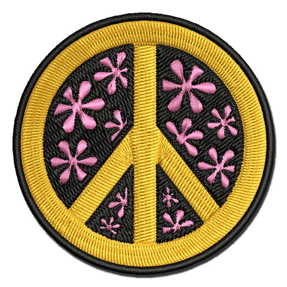 Peace Sign With Flowers Applique Multi-Color Embroidered Hook & Loop Patch - 3 Inch Medium