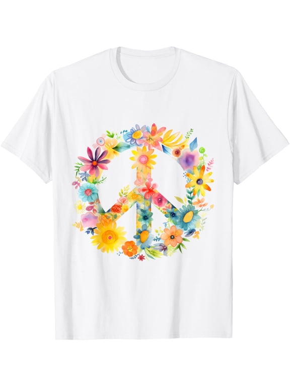 Peace Sign World Love Flowers Hippie Groovy Vibes Colorful T-ShirtMen and women, White T-shirt, size: Extra large