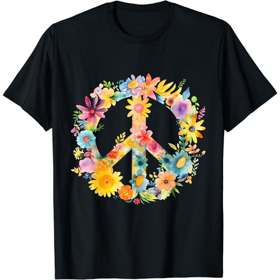 Peace Sign World Love Flowers Hippie Groovy Vibes Colorful T-Shirt