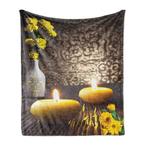 Peace Soft Flannel Fleece Throw Blanket, Oriental Meditative Candles on a Wooden Board with South East Motifs in Backdrop, Cozy Plush for Indoor and Outdoor Use, 70" x 90", Multicolor, by Ambesonne