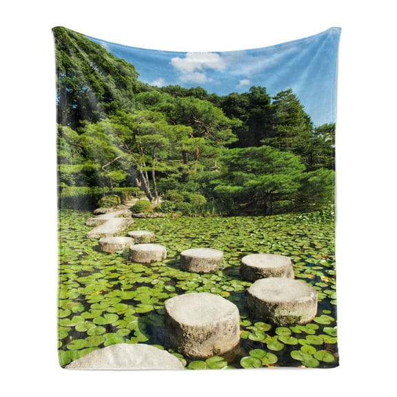 Peace Soft Flannel Fleece Throw Blanket, Stone Path in Japanese Garden Lake with Lotus Leaves Nature Scenery, Cozy Plush for Indoor and Outdoor Use, 70" x 90", Lime Green Sky Blue, by Ambesonne