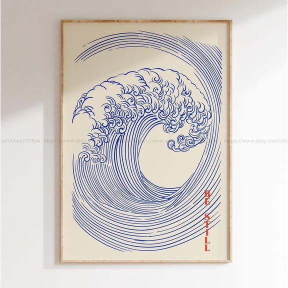 Peace Be Still Modern Christian wall art Blue Japanese Sea Wave Faith Based Decor Minimalist Bible Verse Artwork Trendy Christian Teen Room Unframed Paper Print