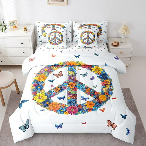 Peace Symbol Bed In A Bag Rainbow Flowers Decor Bedding Set Hippie Butterfly Bohenmian Comforter 7 Pieces King,Artwork Sheet Set With Comforter Teens Bedroom