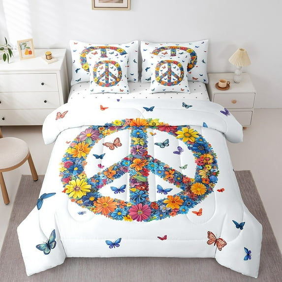 Peace Symbol Bed In A Bag Rainbow Flowers Decor Bedding Set Hippie Butterfly Bohenmian Comforter 7 Pieces Twin,Artwork Sheet Set With Comforter Teens Bedroom