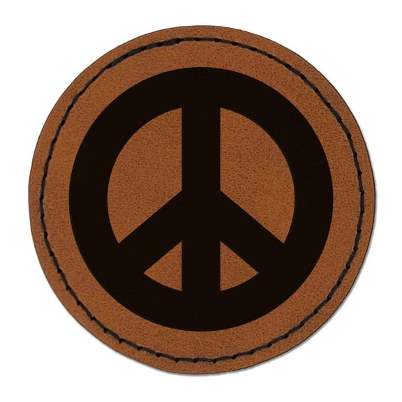 Peace Symbol Bold 2.5" Faux Leather Round Engraved Iron-On Patch - Brown