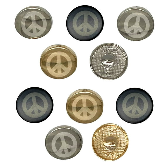 Peace Symbol Bold Set of 10 Metal 0.6" (15mm) Sewing Shank Round Buttons - Silver Color