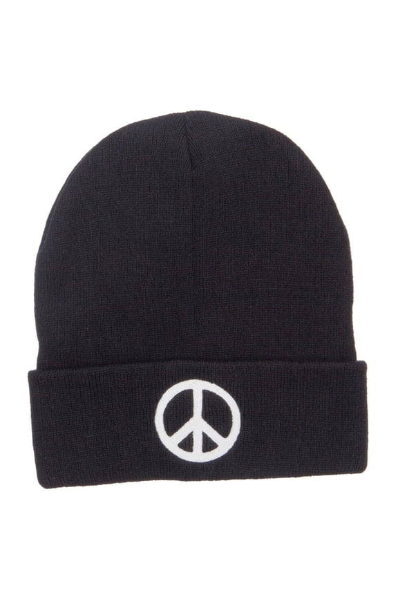 Peace Symbol Embroidered Long Beanie - Black OSFM